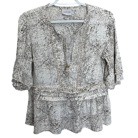 Saylor | Revolve White & Green Tiered Ruffle Peasant Gauze Top Medium Boho EUC - Picture 1 of 8